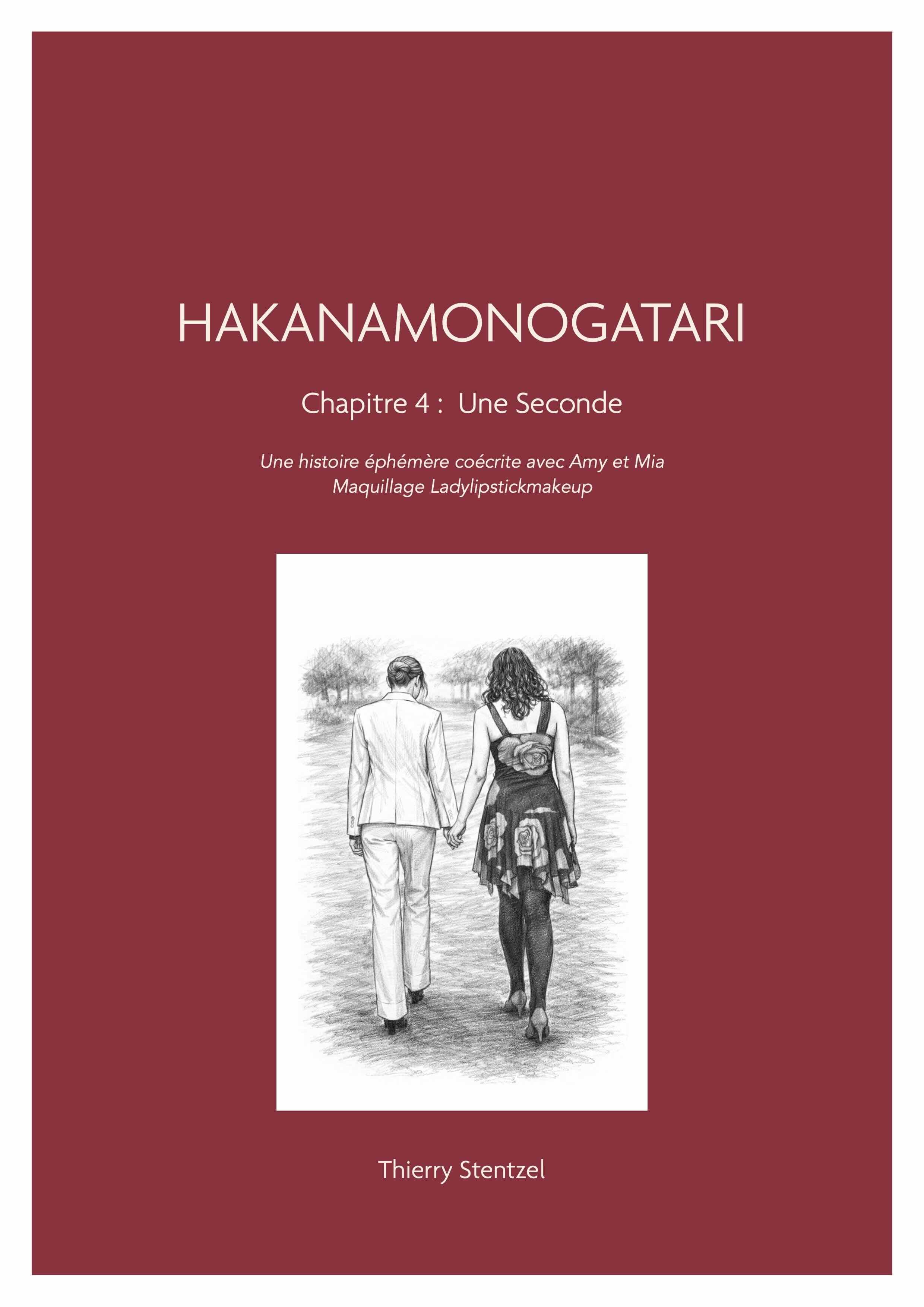 Couverture du carnet Une Seconde : dessin au crayon de deux femmes marchant main dans la main sur fond rouge carmin profond
